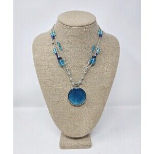 Chico's Chic 2" Teal Glass Pendant Statement Necklace 18"/22" Beaded Silver Tone